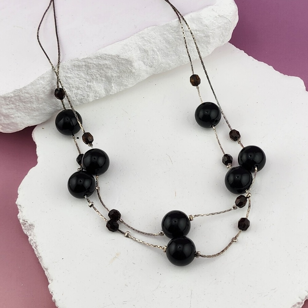 Black Bead Multi Strand Necklace Smoky Brown Faceted Beads Silver Tone Gothic